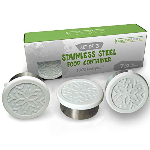 Dacha Mia Stainless Steel Food Storage Containers - Dips Condiment Containers - Set of 3 - 7oz - Eco Friendly Lunch Containers - Silicone Lids - Portion Control - Reusable