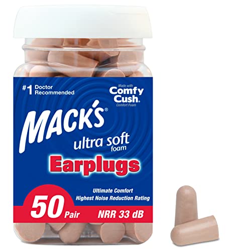 Mack's Ultra Soft Foam Earplugs, 50 Pair - 33dB Highest NRR, Comfortable Ear Plugs for Sleeping, Snoring, Travel, Concerts, Studying, Loud Noise, Work