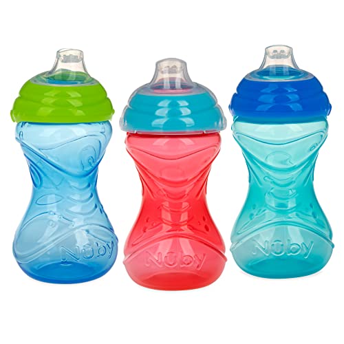 41PRR9Bb9DL.jpg Nuby 3 Piece No-Spill Easy Grip Cup with Soft Flex Spout, Clik It Lock Feature, Boy, 10 Ounce - Image 1