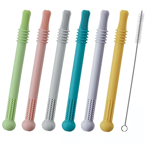 41eca1XXWiL.jpg HAILI XMGQ Hollow Teething Tubes for Babies,6 Pack Chewy Straw Toy,Safe Silicone Baby Teethers Teething Toy 0-6 Months 6-12 Months - Image 1