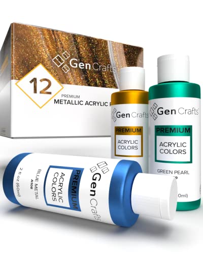 GenCrafts Metallic Acrylic Pouring Paint - Set of 12 Metallic Colors - Pre-Mixed High Flow & Ready to Pour - 2 oz./ 59 ml Bottles - Multi-Purpose Paints for Canvas & Paper, Rocks, Wood and More