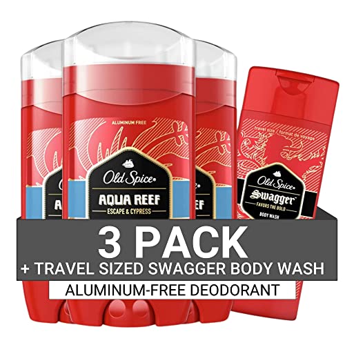 Old Spice Men's Deodorant Aluminum-Free Aqua Reef, 3.0oz Pack of 3 with Travel-Sized Swagger Body Wash