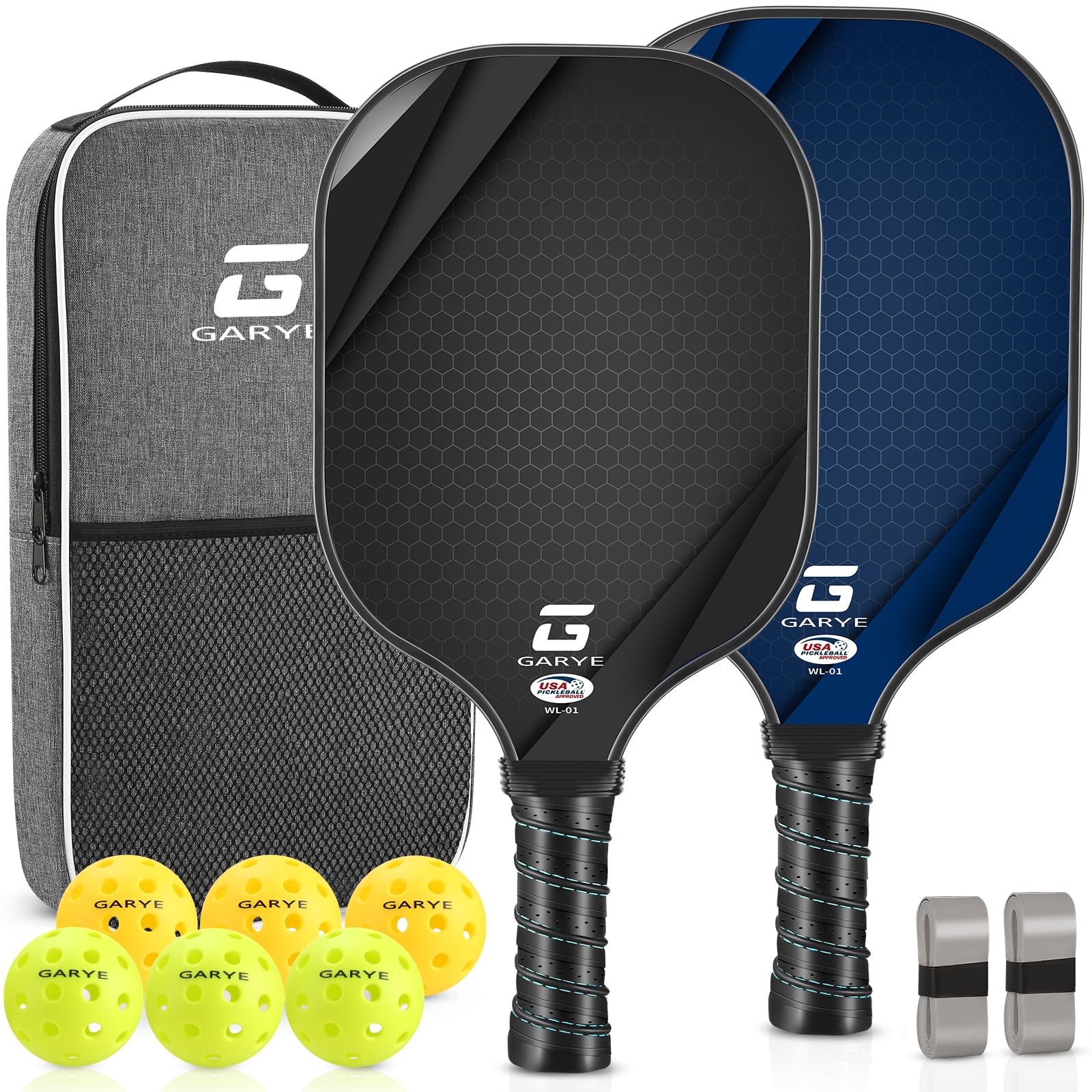 Version 1.0.0 GARYE Pickleball Paddles Set of 2, USAPA Approved Carbon Fiber Pickleball Set, Lightweight Graphite Rackets 2 Pack with 6 Balls, 1 Pickleball Bag for Men and Women - Image 1